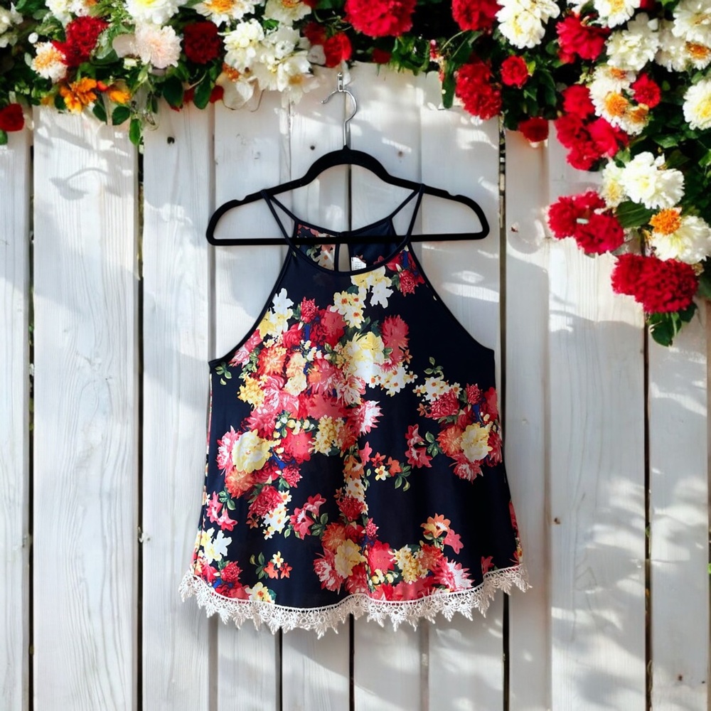 Sweet Wanderer Navy with Bright Coloured Floral Print Tank Top with Crochet Hem